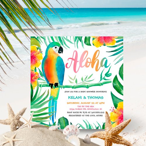 Aloha Tropical Flower Parrot Square Baby Shower Invitation