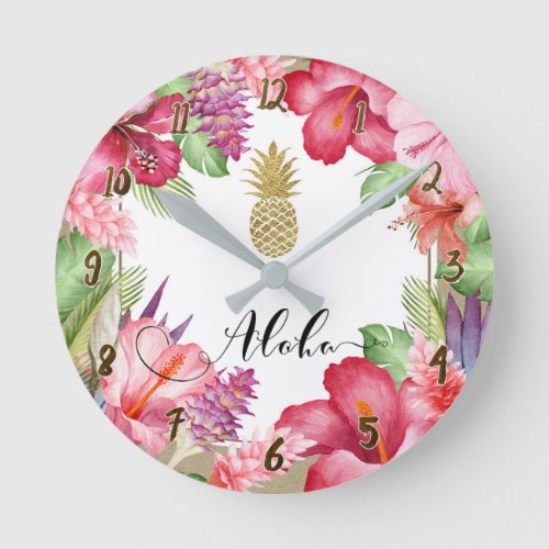 Aloha Tropical Flowers Floral Chic Gold Pineapple Round Clock