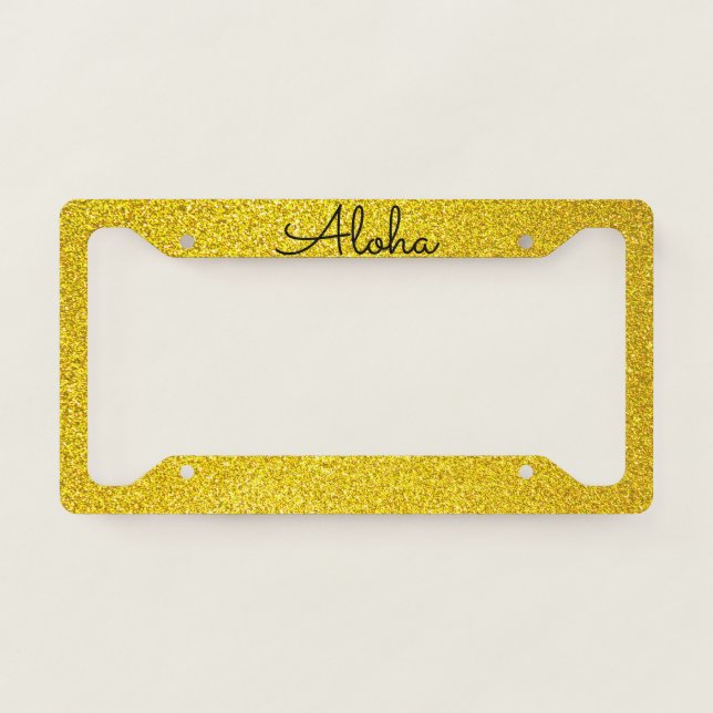 Aloha Tropical Glittery Gold Golden Yellow Sparkle License Plate Frame (Front)