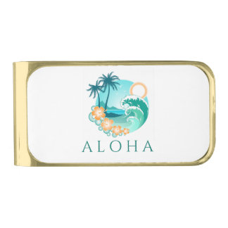 Aloha Tropical Gold Finish Money Clip