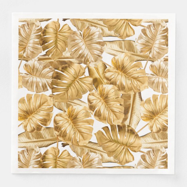 Aloha Tropical Gold Glitter Monstera Leaves Paper Dinner Napkins (Front)