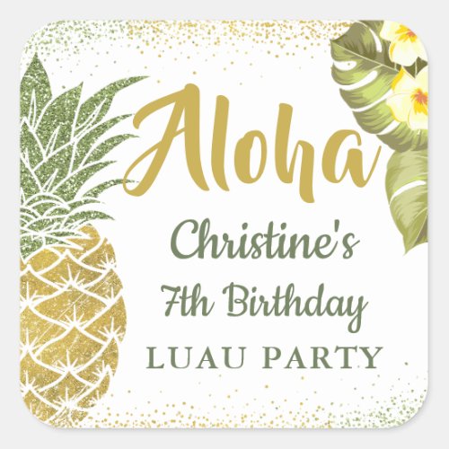 Aloha Tropical Gold Glitter Pineapple Birthday Square Sticker