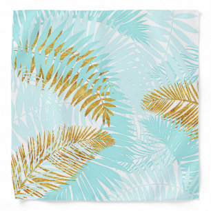 Aloha-Tropical Gold Metal Foil Aqua Palm Leaves Bandana
