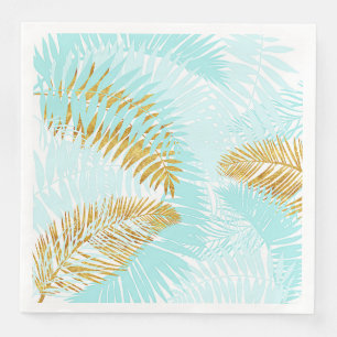 Aloha-Tropical Gold Metal Foil Aqua Palm Leaves Paper Dinner Napkins