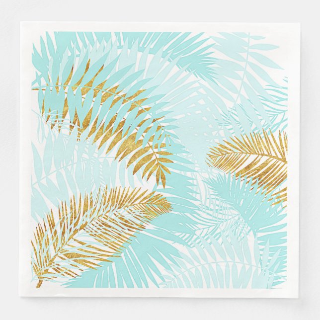 Aloha-Tropical Gold Metal Foil Aqua Palm Leaves Paper Dinner Napkins (Front)