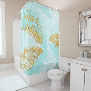 Aloha-Tropical Gold Metal Foil Aqua Palm Leaves Shower Curtain