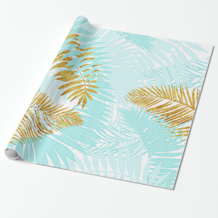 Aloha-Tropical Gold Metal Foil Aqua Palm Leaves Wrapping Paper