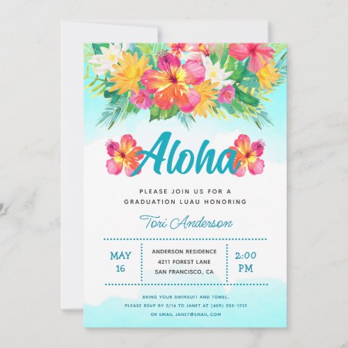 Aloha Tropical Graduation Luau Glitter Invitation