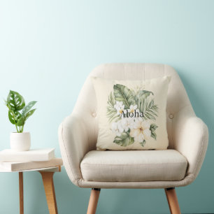 Aloha Tropical Green Leaves White Hibiscus Orchids Throw Pillow