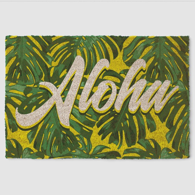 Aloha Tropical Green Yellow Palm Leaves Coir Fiber Doormat (Front)