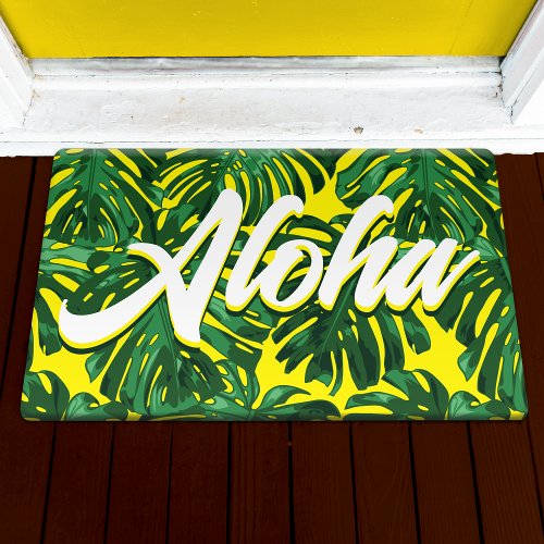 Aloha Tropical Green Yellow Palm Leaves Doormat