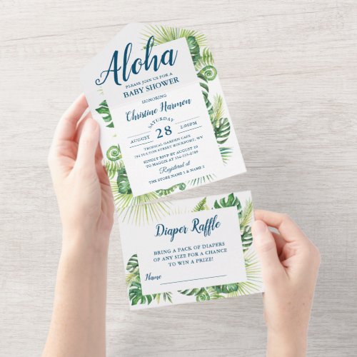 Aloha Tropical Greenery Baby Shower Diaper Raffle All In One Invitation