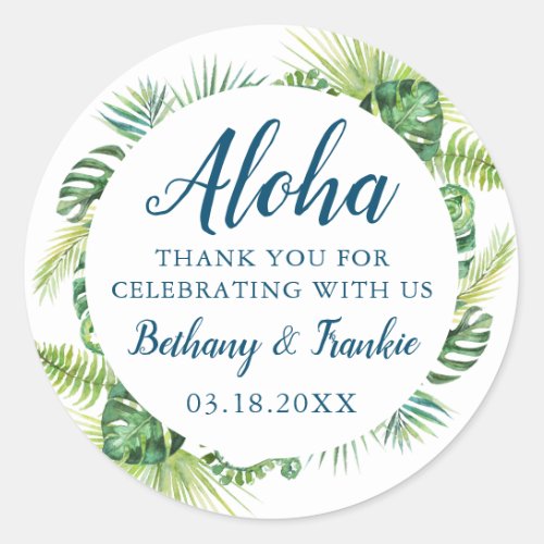 Aloha Tropical Greenery Beach Wedding Thank You Classic Round Sticker