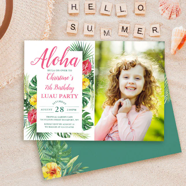 Aloha Tropical Greenery Luau Birthday Photo Invitation | Zazzle