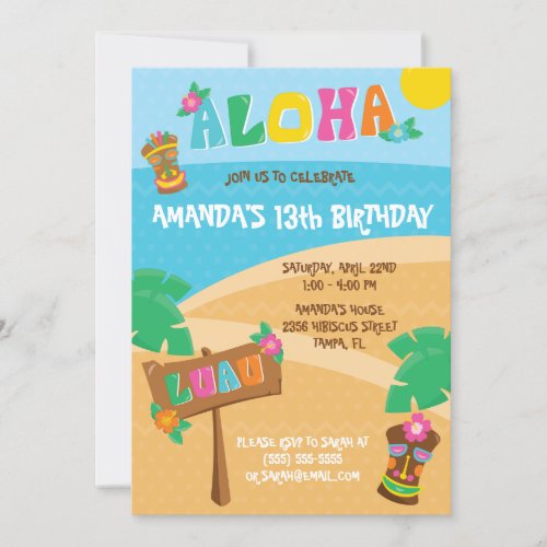 Aloha Tropical Hawaii Luau Themed Birthday Party Invitation