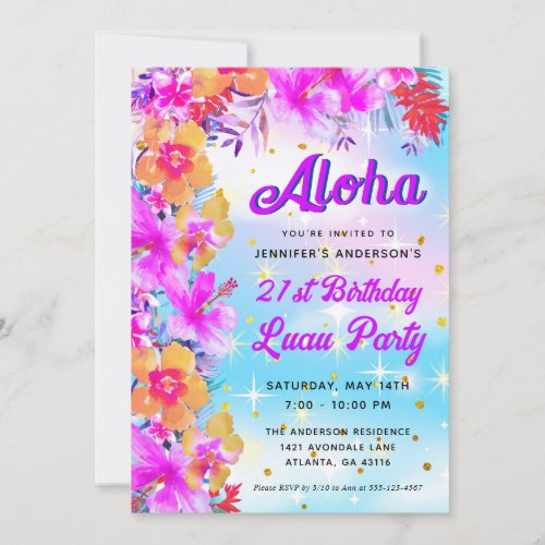 Aloha Tropical Hawaiian Luau Birthday Party Invitation