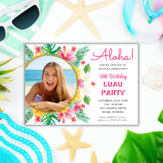 Aloha Tropical Hawaiian Luau Birthday Photo Invitation