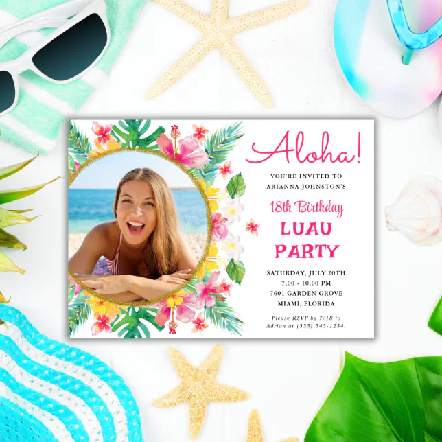 Aloha Tropical Hawaiian Luau Birthday Photo Invitation | Zazzle