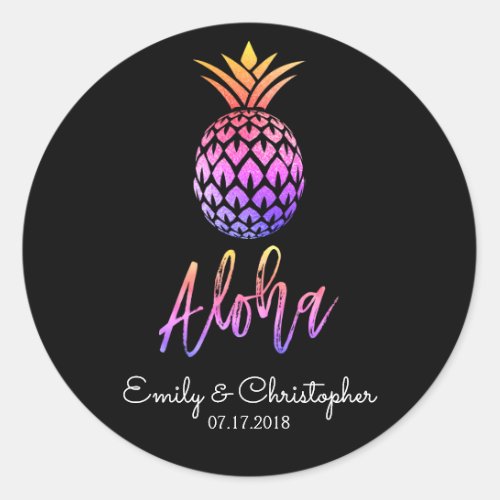 Aloha Tropical Hawaiian Pineapple Wedding Black Classic Round Sticker