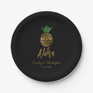 Aloha Tropical Hawaiian Pineapple Wedding Black Paper Plates