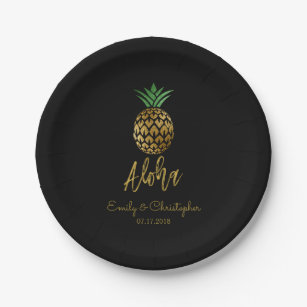 Aloha Tropical Hawaiian Pineapple Wedding Black Paper Plates