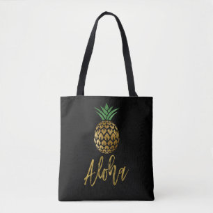 Aloha Tropical Hawaiian Pineapple Wedding Black Tote Bag
