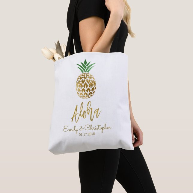 Aloha Tropical Hawaiian Pineapple Wedding Favor Tote Bag (Close Up)