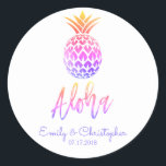 Aloha Tropical Hawaiian Pineapple Wedding Pastel Classic Round Sticker<br><div class="desc">Aloha Tropical Hawaiian Pineapple Wedding White,  Pink,  Purple,  Gold Ombre Rainbow Pastel Wedding Favor Sticker for a Hawaii Destination Wedding. The name and date can be updated on this sticker.</div>