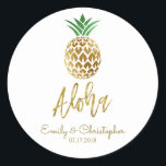 Aloha Tropical Hawaiian Pineapple Wedding White Classic Round Sticker<br><div class="desc">Aloha Tropical Hawaiian Pineapple Wedding White Wedding Favor Sticker for a Hawaii Destination Wedding. The name and date can be updated on this sticker.</div>