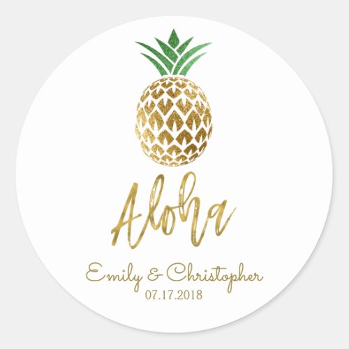 Aloha Tropical Hawaiian Pineapple Wedding White Classic Round Sticker