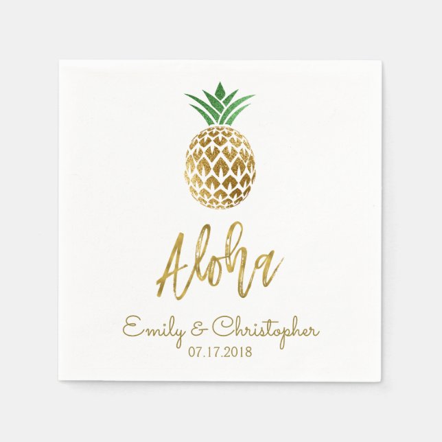 Aloha Tropical Hawaiian Pineapple Wedding White Napkins (Front)
