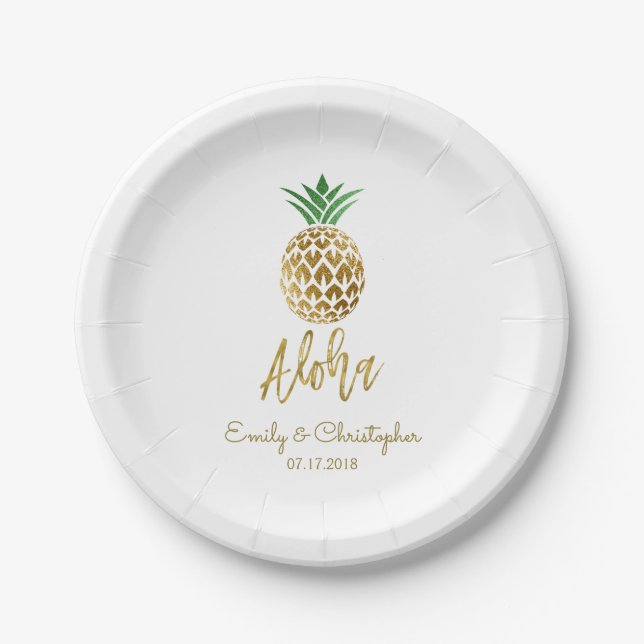 Aloha Tropical Hawaiian Pineapple Wedding White Paper Plates (Front)
