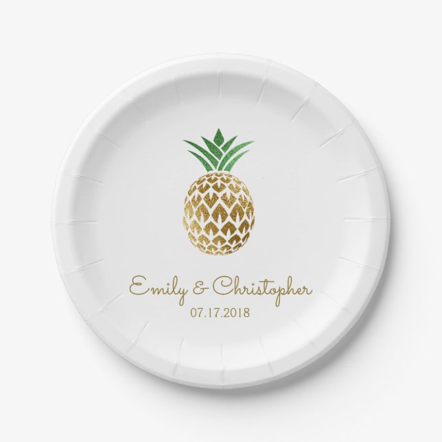 Aloha Tropical Hawaiian Pineapple Wedding White Paper Plates (Front)