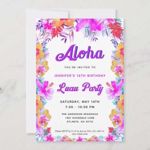 Aloha Tropical Hibiscus Luau Birthday Party Invitation
