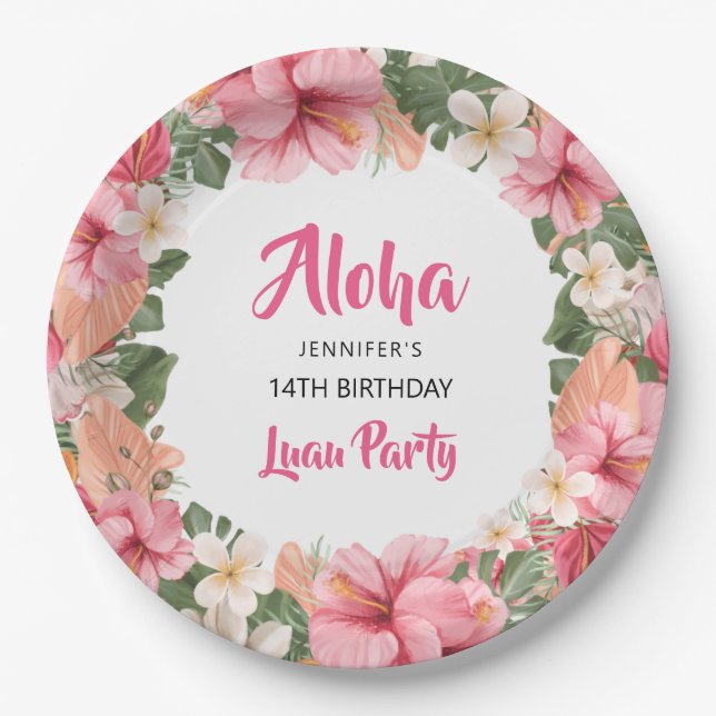 Aloha Tropical Hibiscus Luau Birthday Party Paper Plates (Front)