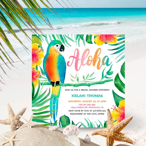 Aloha Tropical Hibiscus Parrot Bridal Shower Invitation