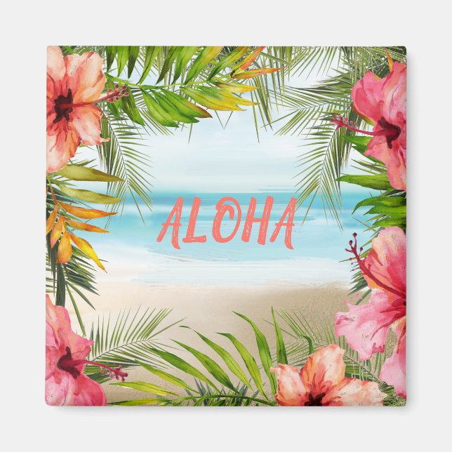 Aloha Tropical Island Paradise Palms and Flowers Magnet (Front)