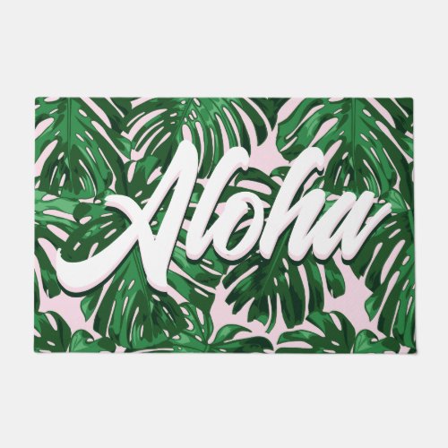 Aloha Tropical Leaves Green Pink Script Jungle  Doormat