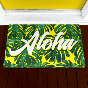 Aloha Tropical Leaves Green Yellow Jungle Script  Doormat