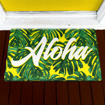 Aloha Tropical Leaves Green Yellow Jungle Script  Doormat at Zazzle