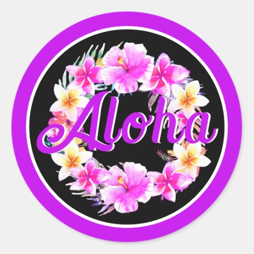 Aloha Tropical Luau Birthday Neon Purple Classic Round Sticker