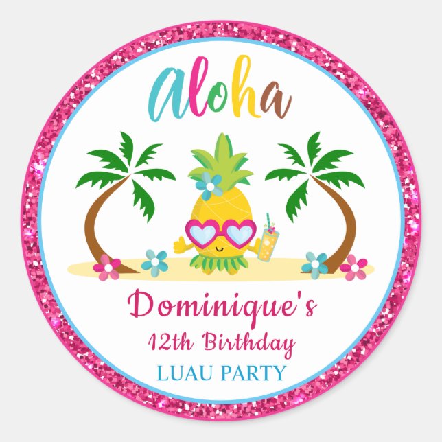 Aloha Tropical Luau Birthday Party  Classic Round Sticker (Front)