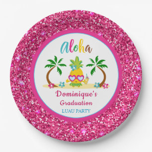 Aloha Tropical Luau Graduation Pink Glitter Paper Plates