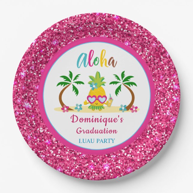 Aloha Tropical Luau Graduation Pink Glitter Paper Plates (Front)