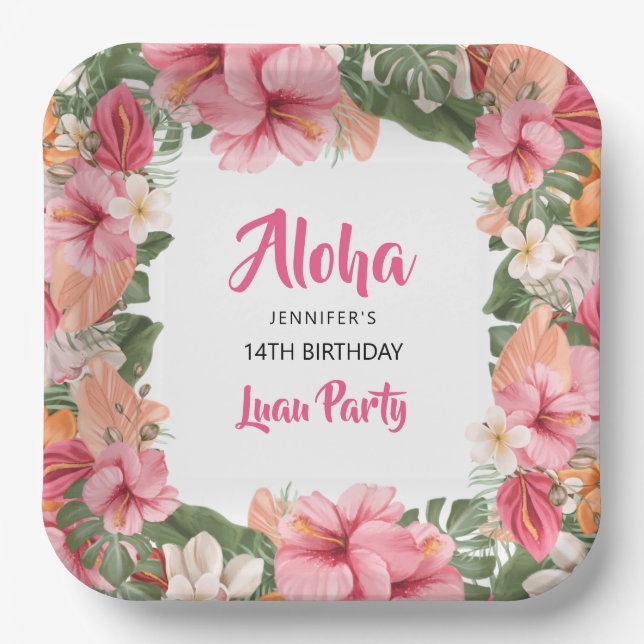 Aloha Tropical Luau Hibiscus Floral Birthday Party Paper Plates (Front)