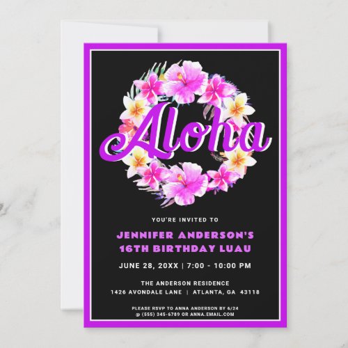 Aloha Tropical Luau Neon Purple Birthday Invitation