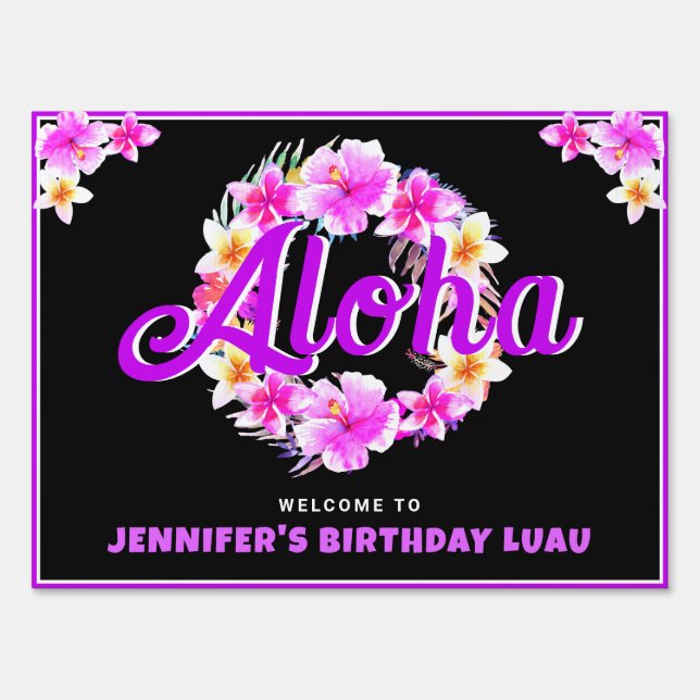 Aloha Tropical Luau Neon Purple Birthday Party Sign (Front)
