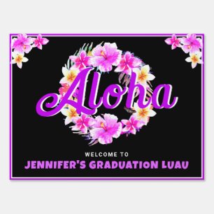 Aloha Tropical Luau Neon Purple Graduation Party Sign