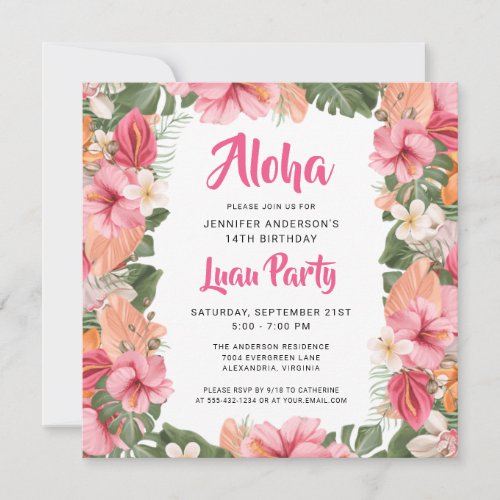 Aloha Tropical Luau Party Birthday Invitation
