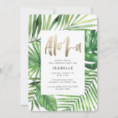 Aloha tropical palm & gold script birthday save the date (Front)
